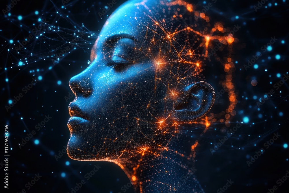 Poster side profile of futuristic woman head illuminated by glowing network nodes and pathways in dark back