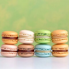 Fototapeta premium Colorful macarons arranged in neat rows against a soft background.