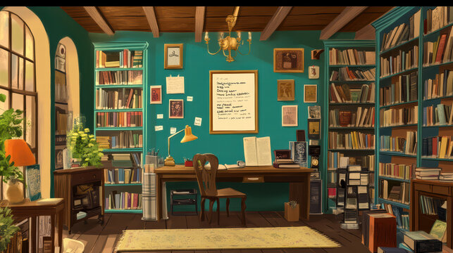 cozy remote workspace in charming bookstore, featuring bookshelves filled with various books, wooden desk, and warm atmosphere. Perfect for reading and writing