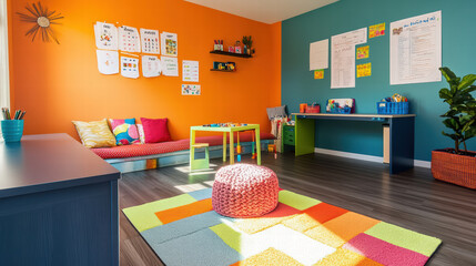 vibrant playroom featuring colorful walls, cozy seating, and playful rug. This remote workspace is perfect for creativity and learning, with organized supplies and cheerful decor