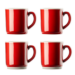 Four red ceramic mugs in a row isolated on a transparent background