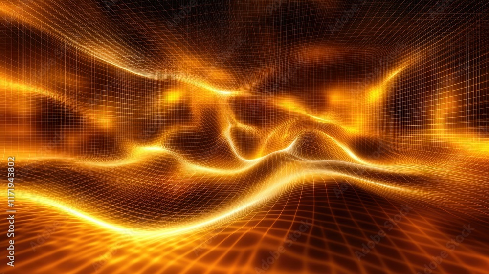 Poster a glowing abstract grid of flame and gold hues, curving dynamically in a three-dimensional space wit