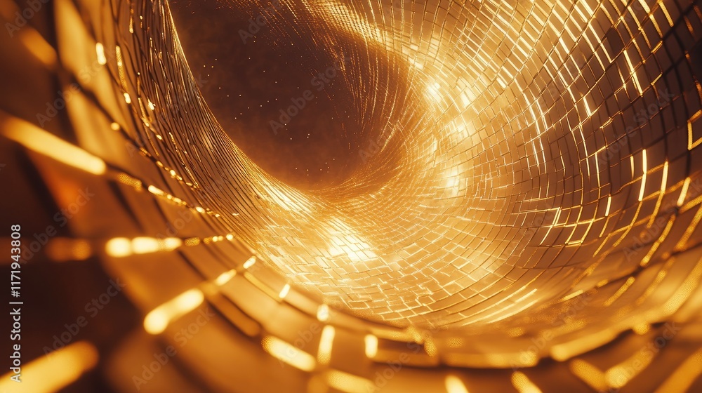 Poster a glowing abstract grid of flame and gold hues, curving dynamically in a three-dimensional space wit