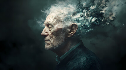Portrait of an elderly man with alzheimer's disease fighting against oblivion. created with ai generative technology. Oblivian. Illustration
