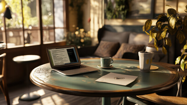 remote workspace in cozy coffee shop featuring laptop, cup of coffee, and notebook on rustic table. warm ambiance invites productivity and relaxation