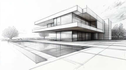Modern Architectural Design Sketch of a House Facade with Clean Lines and Geometric Shapes