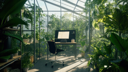 remote workspace in greenhouse surrounded by lush plants, featuring desk with computer and comfortable chair. serene environment promotes productivity and creativity