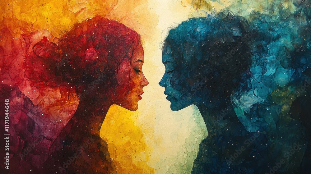 Poster artistic representation of emotion abstract setting digital painting vivid colors close-up duality c