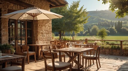 Obraz premium A patio with a white umbrella and wooden chairs