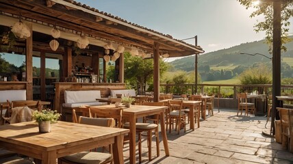 A restaurant patio with tables and chairs, and a view of the mountains