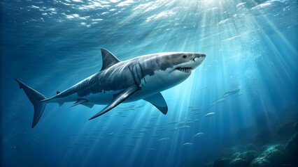 Fototapeta premium Majestic great white shark swimming gracefully in ocean depths