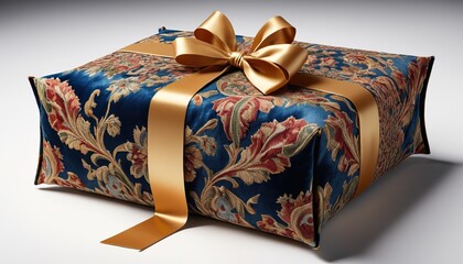 Luxurious gift box with gold ribbon, elegant floral pattern on dark blue velvet.