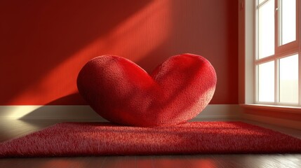 A vibrant red heart-shaped pillow rests gently on a plush red rug, exuding warmth and love, perfect for a romantic Valentine's Day setting.