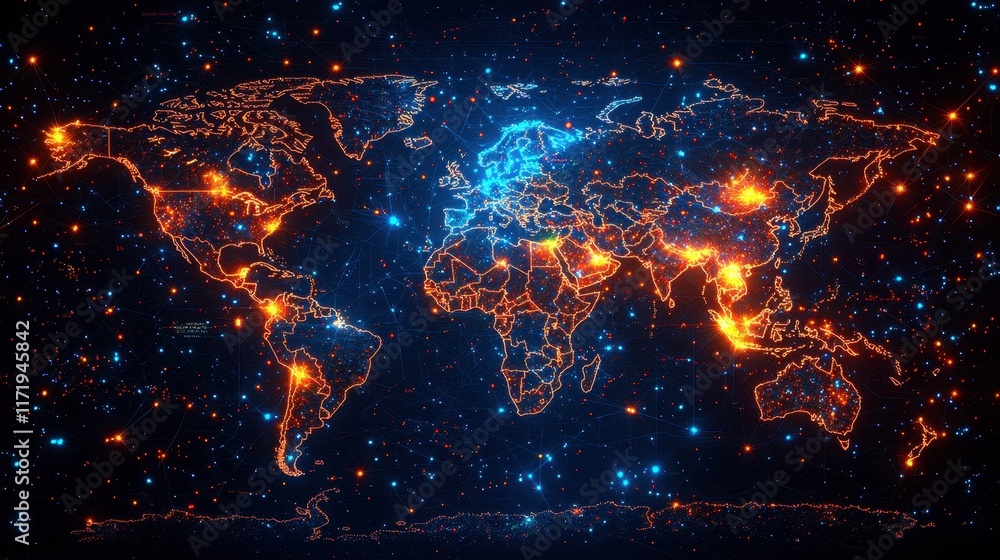 Poster global network visualization digital world map infographic data night sky aerial view technology con