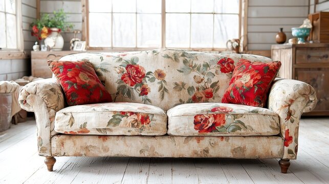 The photo showcases a cozy vintage living room corner, complete with an aged sofa covered in a faded floral fabric