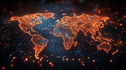 Global network visualization world map digital art nighttime aerial view connectivity concept