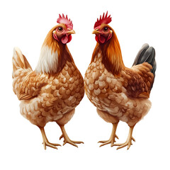 Fototapeta premium Two brown hens looking at each other isolated on a transparent background.