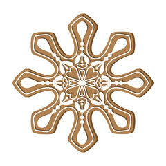 Gingerbread snowflake holiday cookie. Flat vector illustration in brown and white colors