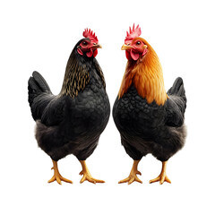 Fototapeta premium Two black and brown chickens facing each other isolated on a white background.