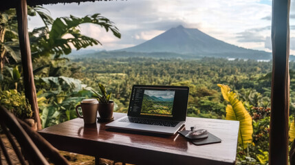 Fototapeta premium serene remote workspace with laptop, coffee, and stunning mountain view. This tranquil setting inspires creativity and productivity in nature embrace