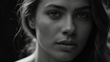 Fototapeta premium A woman with dark hair and brown eyes is staring at the camera