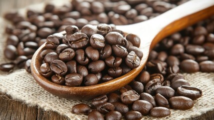 Fototapeta premium A rustic wooden spoon filled with coffee beans, resting on a burlap sack with scattered beans around for a cozy, organic feel