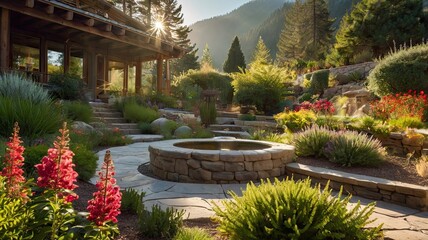 Obraz premium A beautiful garden with a stone fireplace and a pond