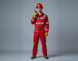 Portrait of a Smiling Construction Worker in Red Uniform Holding a Walkie-Talkie