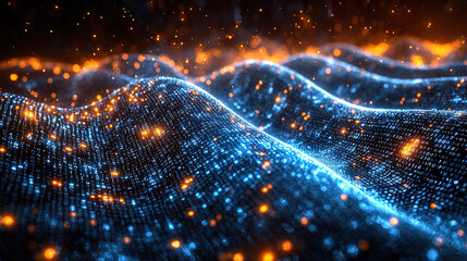 Abstract flowing stream of glowing binary code, with moving 1s and 0s in black, blue, and gray background, symbolizing data flow and technological advancement
