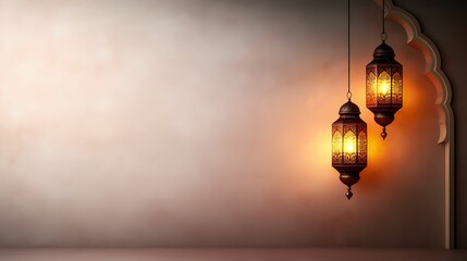 Elegant lanterns hanging against a softly lit wall.