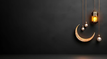 Decorative crescent moon and lantern against a dark background.