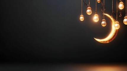 A crescent moon with hanging lights against a dark background.