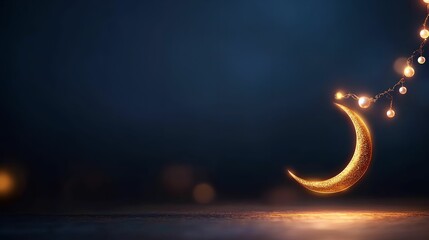 A crescent moon ornament with glowing lights against a dark backdrop.