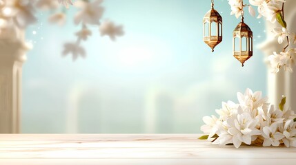 Serene background with lanterns and flowers for a tranquil setting.