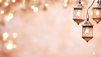 Decorative lanterns glowing against a soft background.