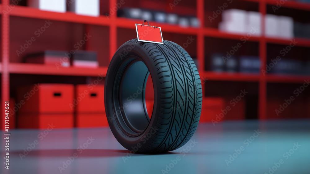 Poster tire displayed in store with price tag, showcasing its tread pattern and design. vibrant red shelvin