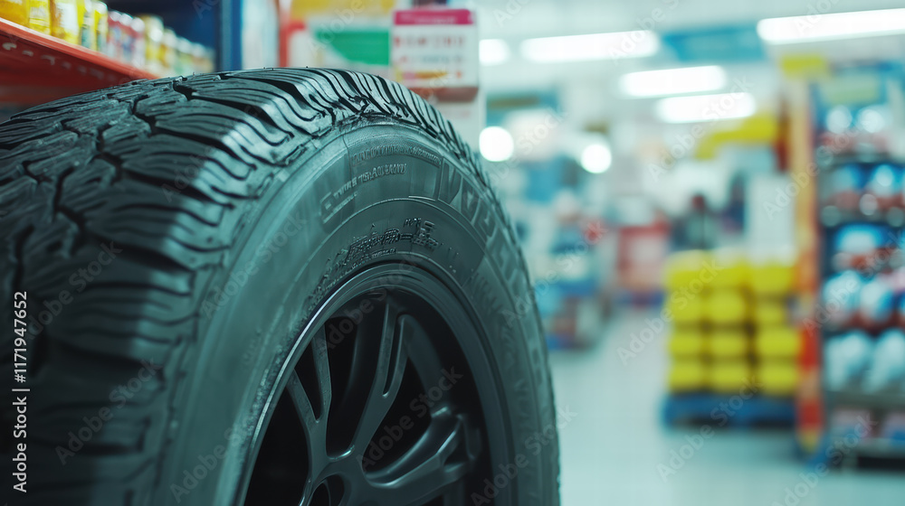 Poster close up view of tire with price tag in store, showcasing its tread pattern and design. background f