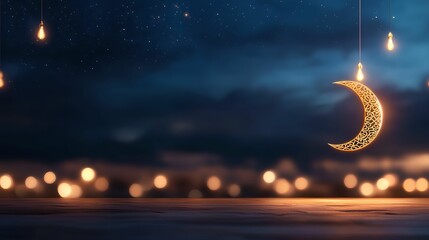 A serene night scene featuring a crescent moon and glowing lights.