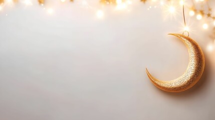 A decorative golden crescent moon with twinkling lights.