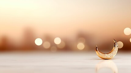 A decorative crescent moon ornament on a blurred background.