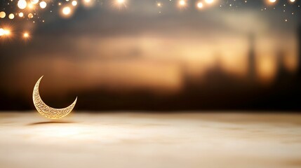 A crescent moon on a blurred background with sparkling lights.