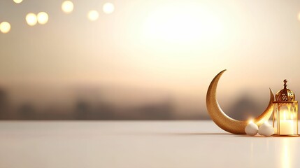 A decorative crescent moon and lantern set against a soft background.