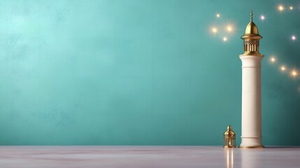 A decorative tower stands against a teal background with soft lights.