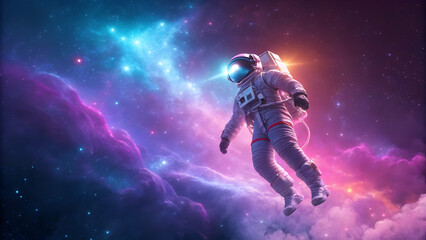 Fototapeta premium Astronaut Floating in Colorful Cosmic Space with Stars and Nebulae