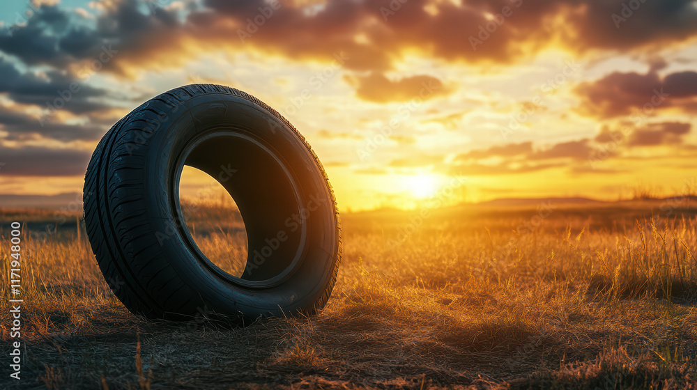 Poster tire stands alone in field during stunning sunset, casting long shadows and creating serene atmosphe