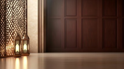 Elegant lanterns beside a wooden wall, creating a serene atmosphere.