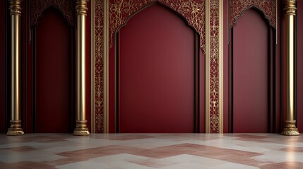 Elegant interior with ornate arches and rich red walls.