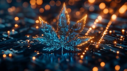 Glowing cannabis leaf on circuit board. (4)