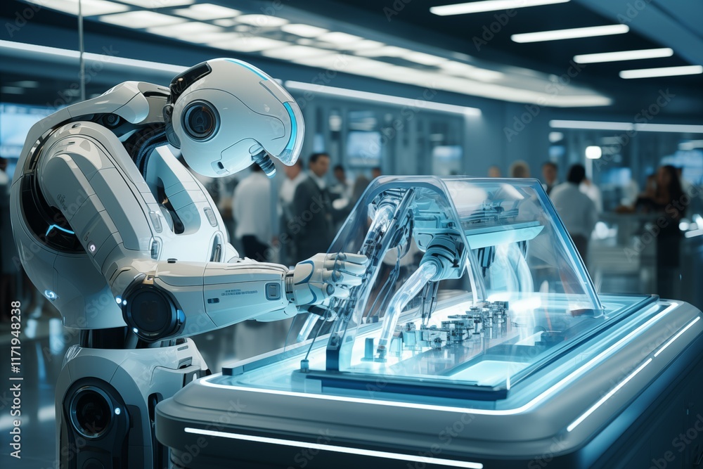 Poster advanced humanoid robot conducting precision engineering in a high-tech laboratory environment
