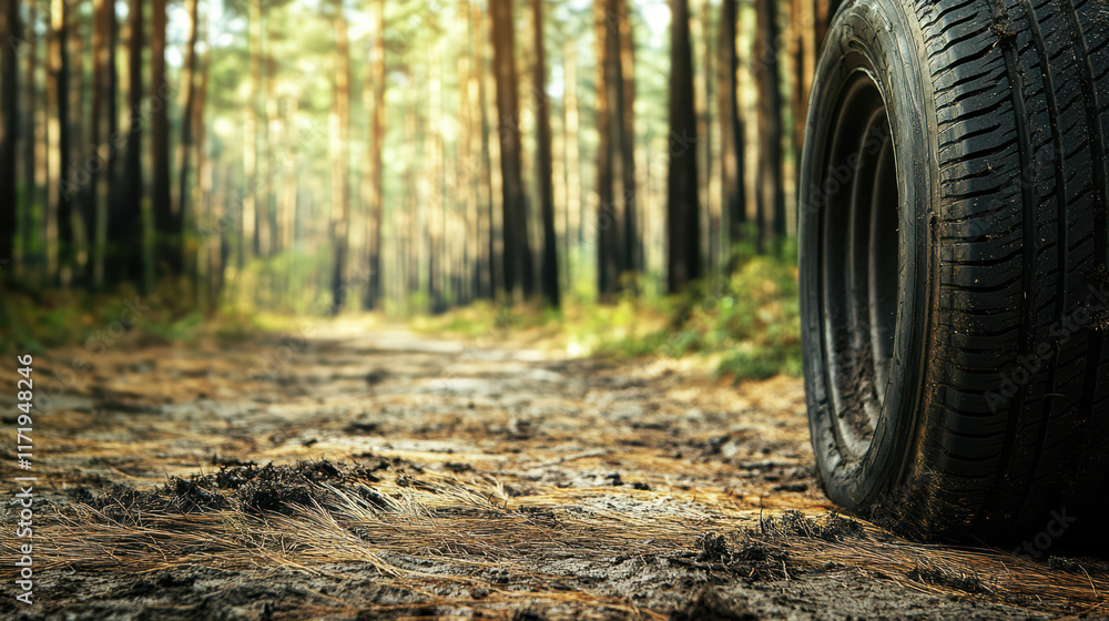 Aufkleber close up view of car tire resting on dirt path surrounded by tall trees in forest. scene evokes sens